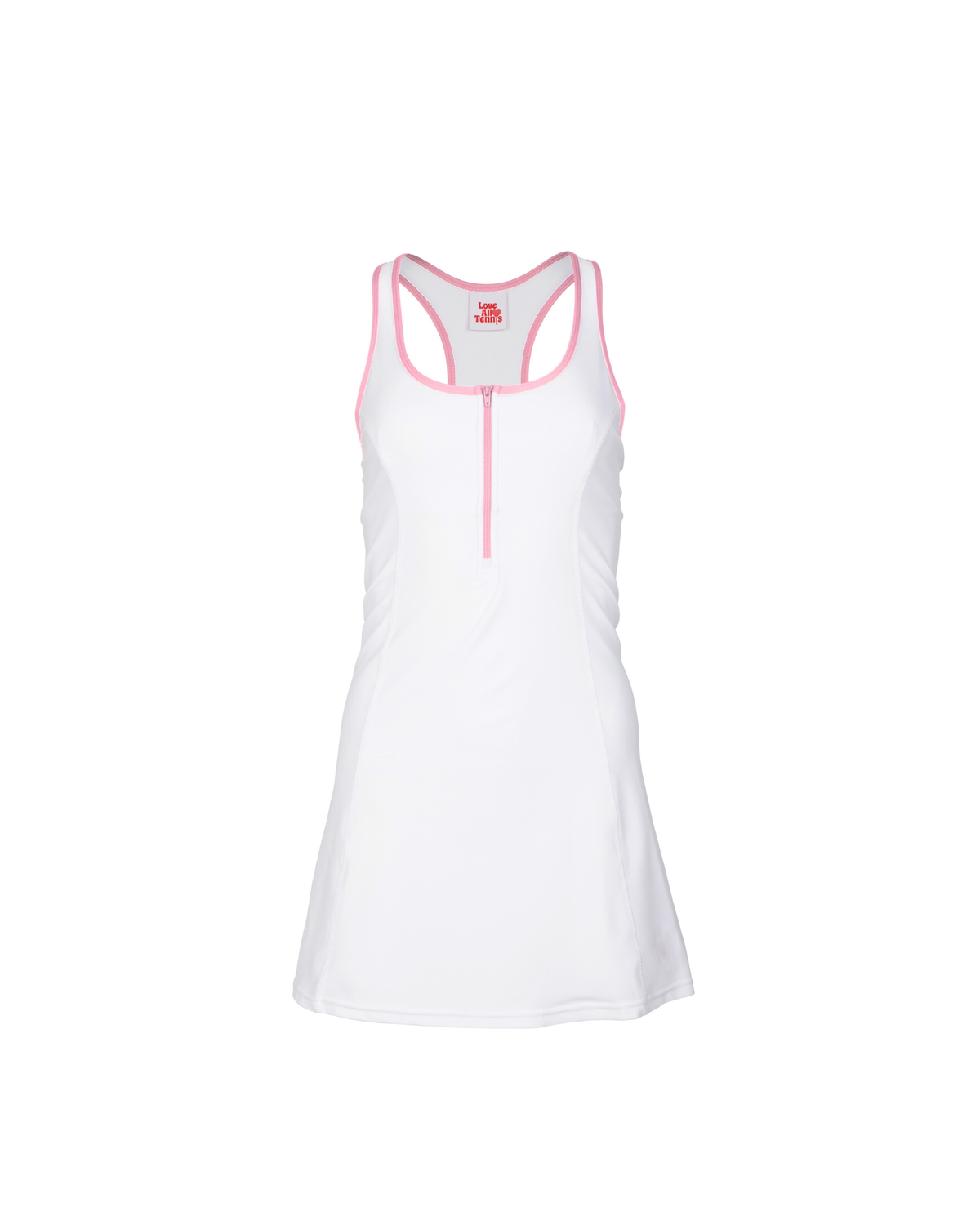 White tank dress with pink accents on a white background