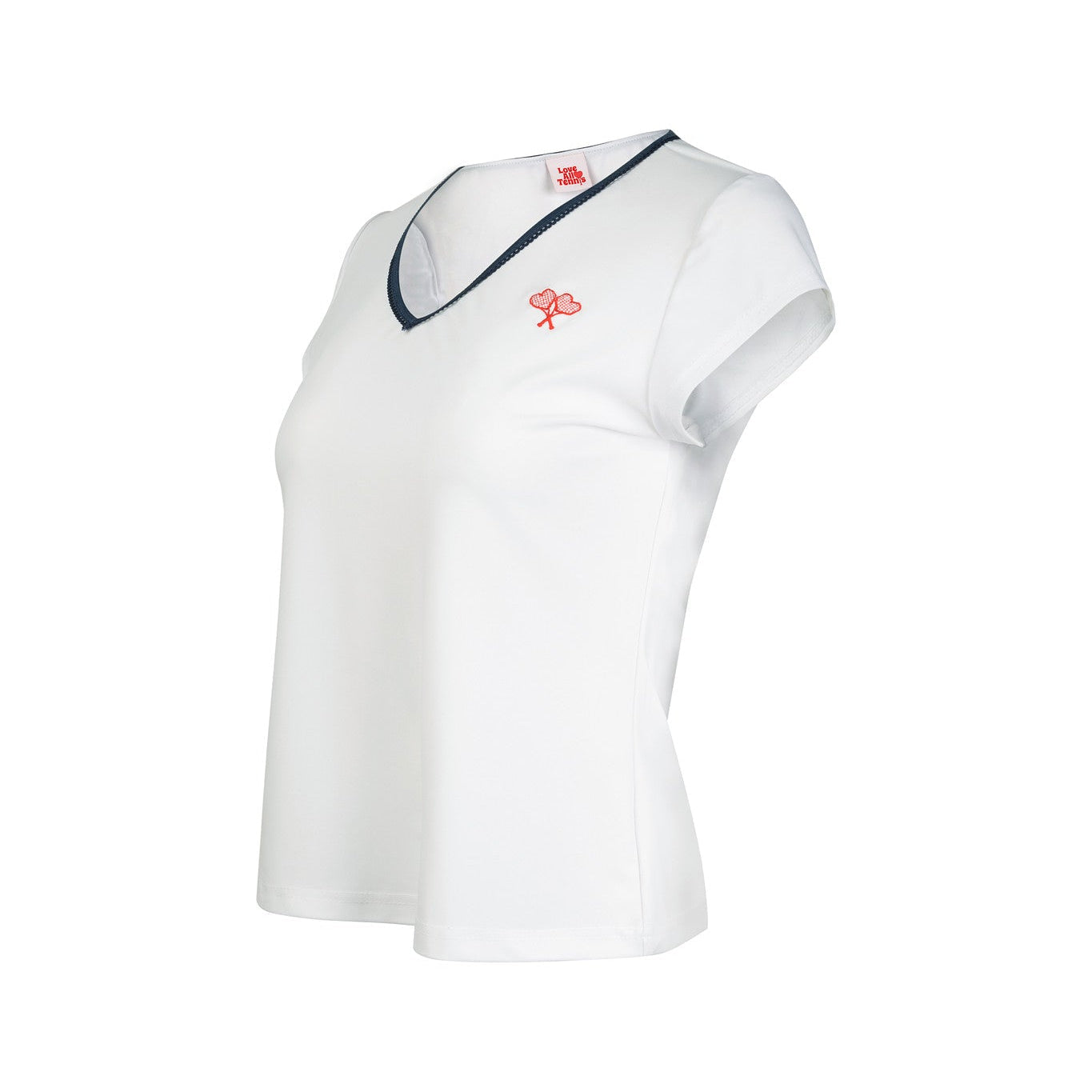 White top with a small logo on a white background