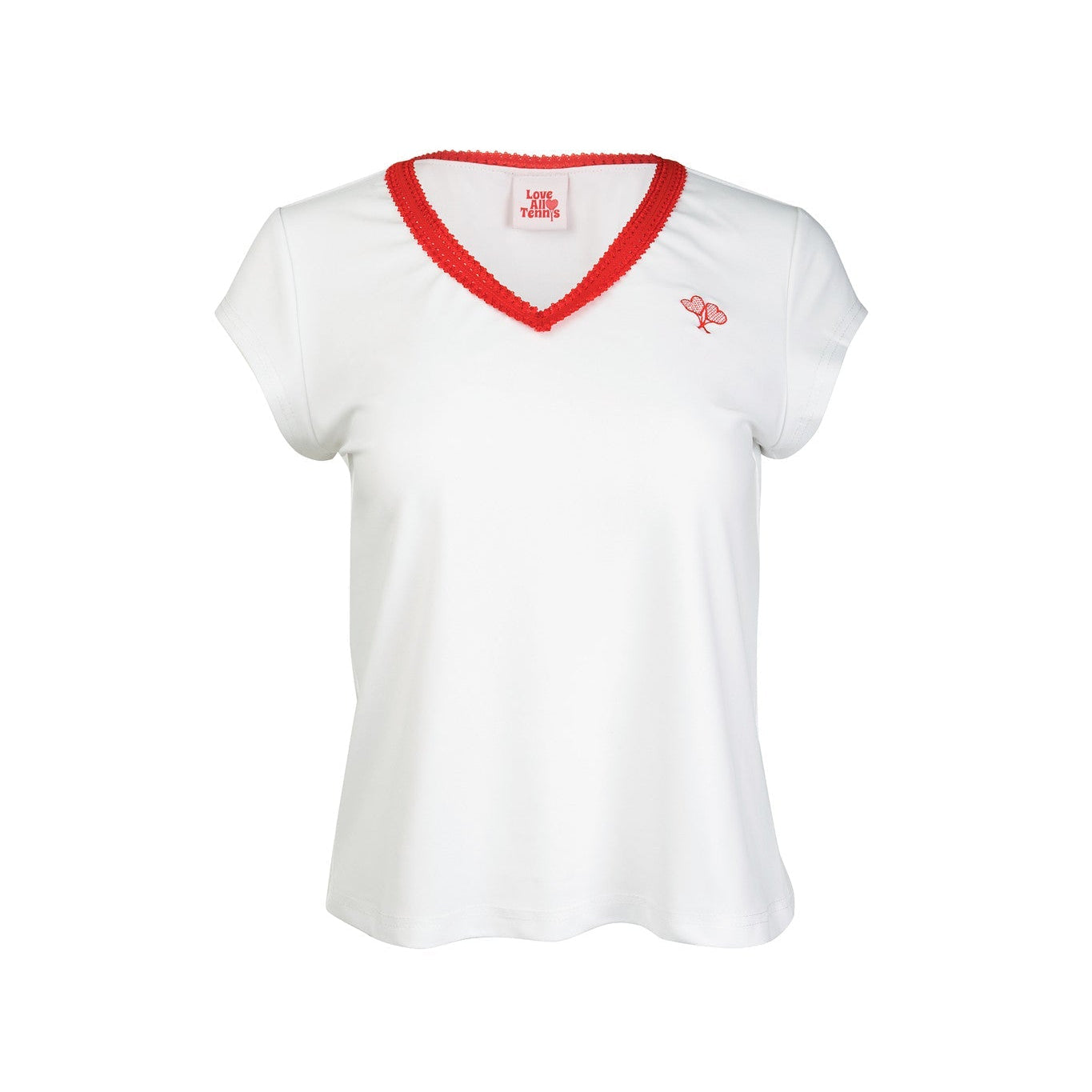 White t-shirt with red trim on a white background