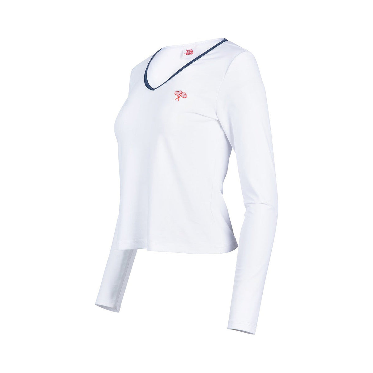White long-sleeve shirt with a logo on a white background