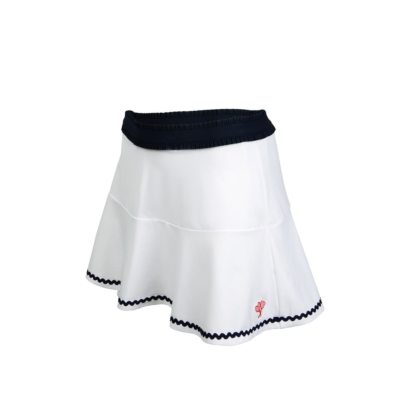 White skirt with navy trim on a white background