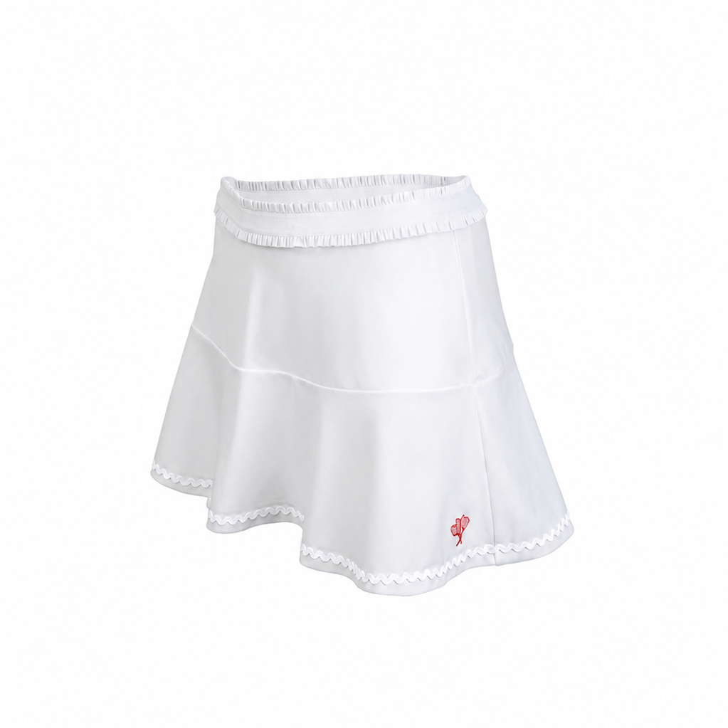 White skirt with a small red logo on a white background