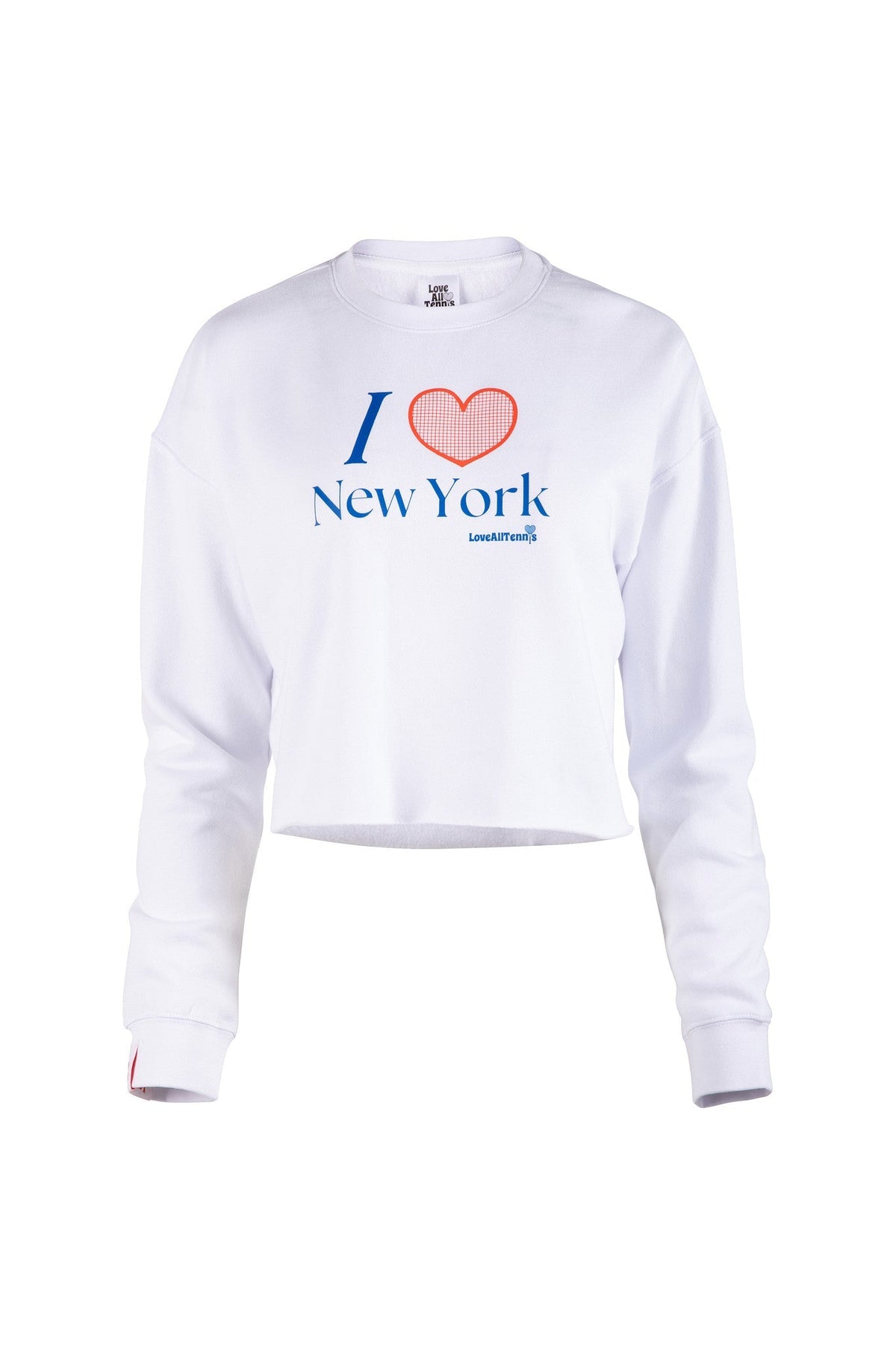 White sweatshirt with 'I ❤️ New York' text on a white background
