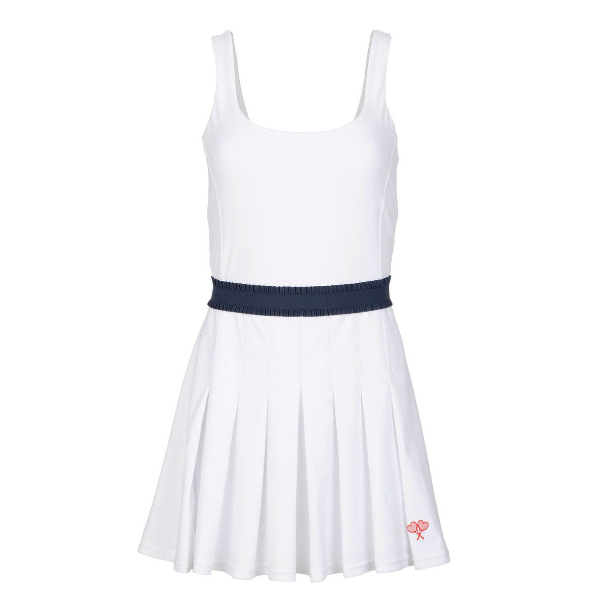 White dress with a navy belt on a white background