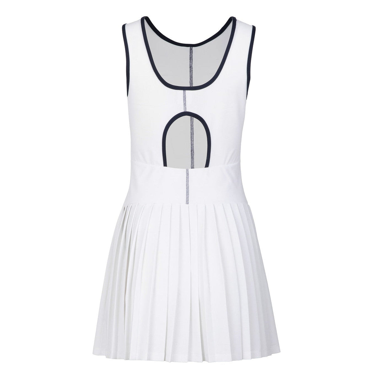 White dress with navy piping on a white background