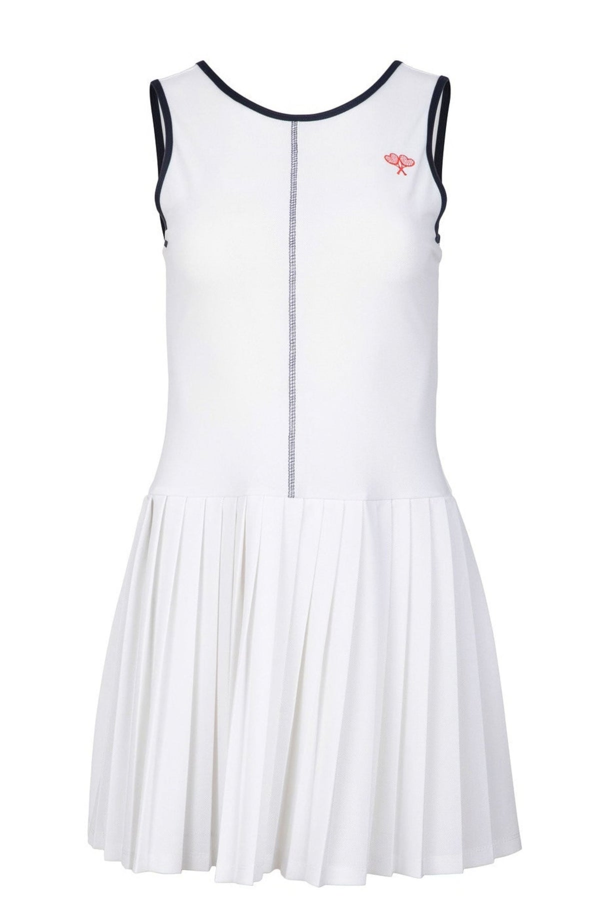 A white sleeveless tennis dress with a pleated skirt, featuring navy trim on the armholes, and down the center, and a small red tennis racket logo on the upper left chest.