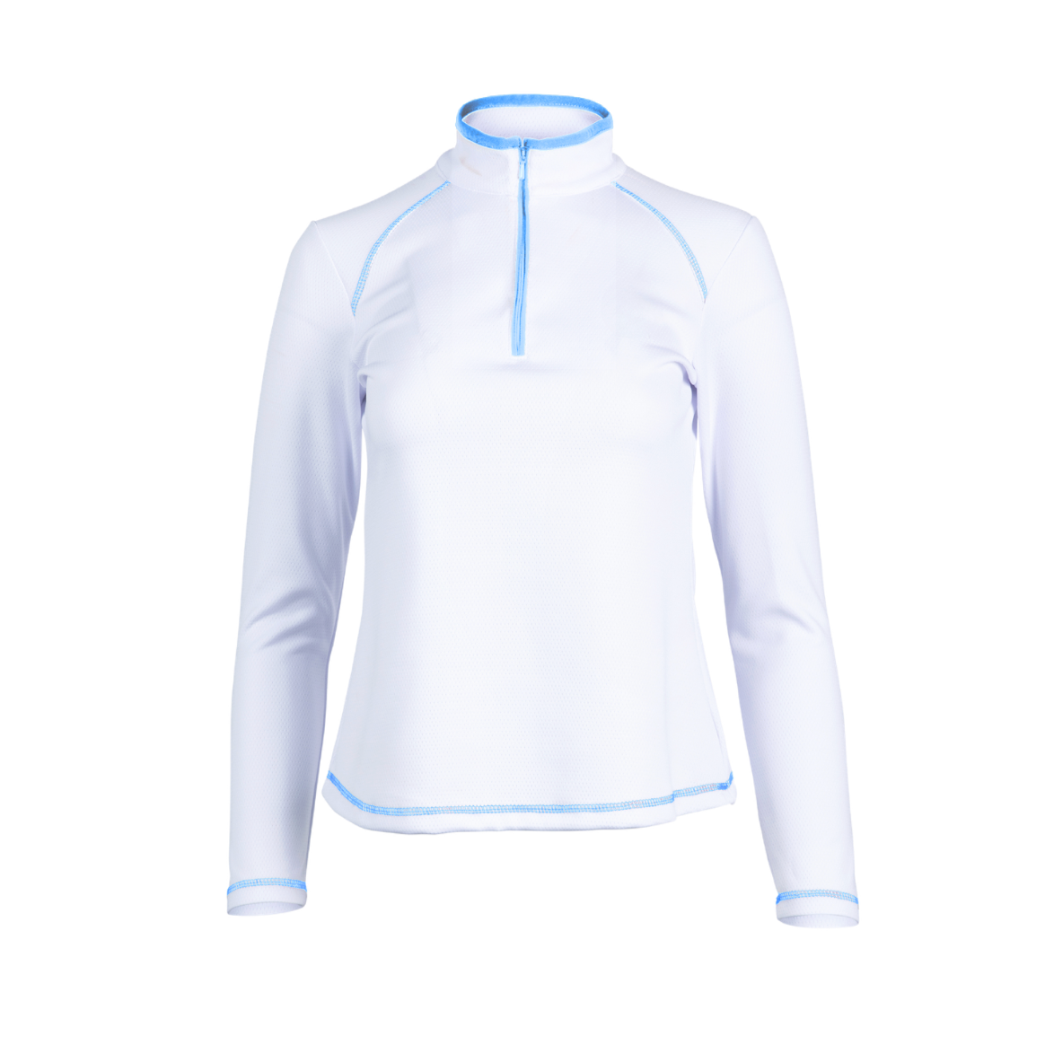 White long-sleeve shirt with blue accents on a white background