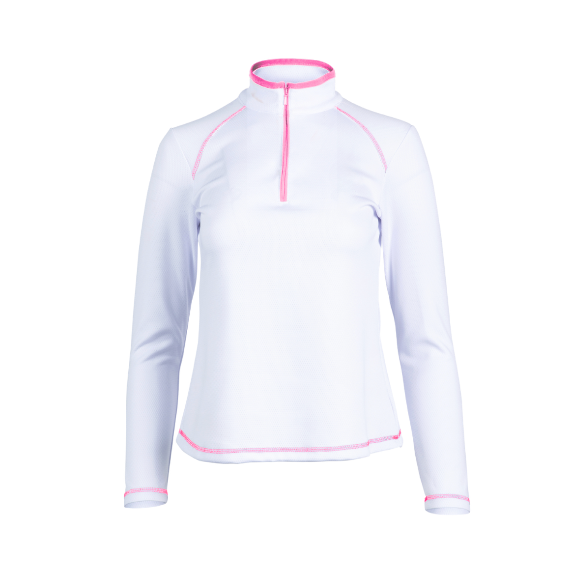 White long-sleeve shirt with pink accents on a white background