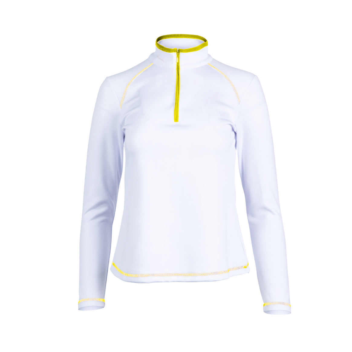 White long-sleeve top with yellow accents on a white background
