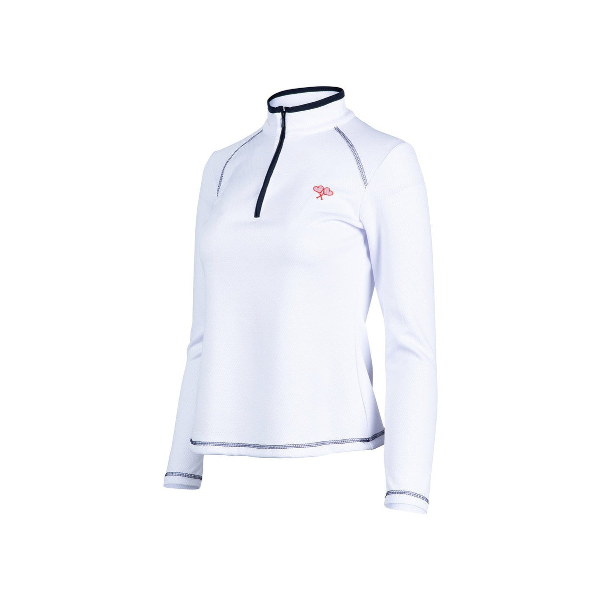 White long-sleeve athletic shirt with a brand logo on a white background