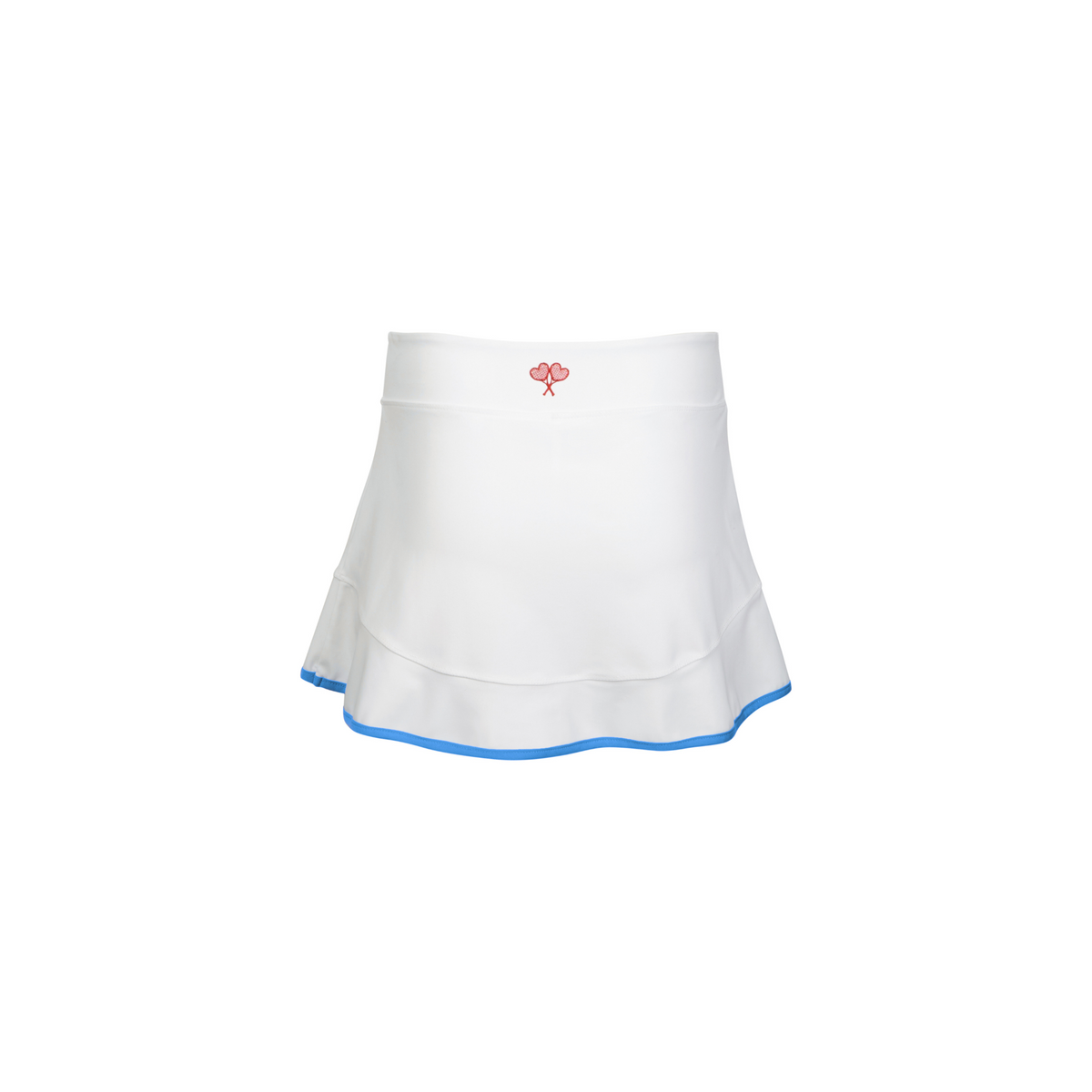 White skirt with a small red logo on a white background