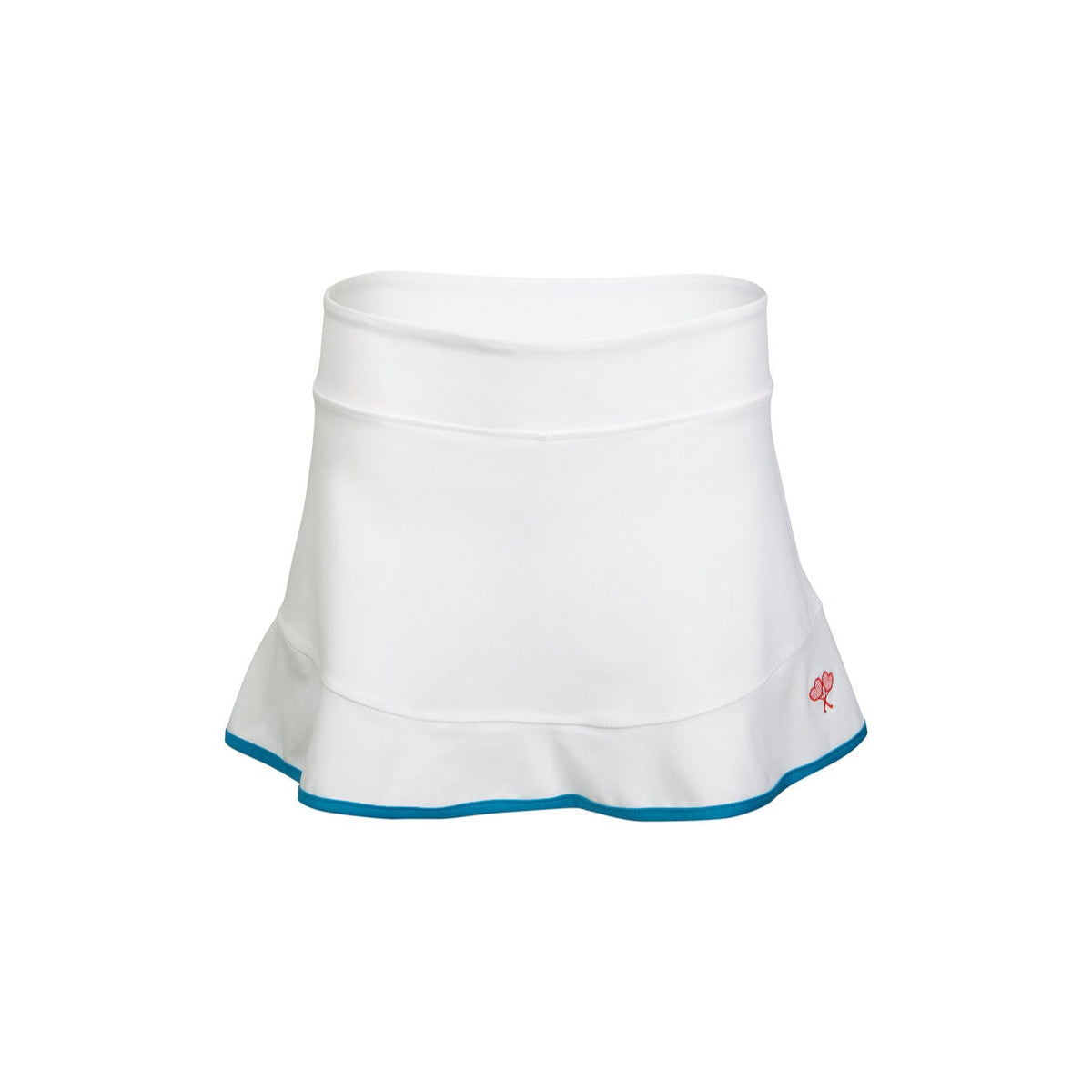 White tennis skirt with blue trim on a white background