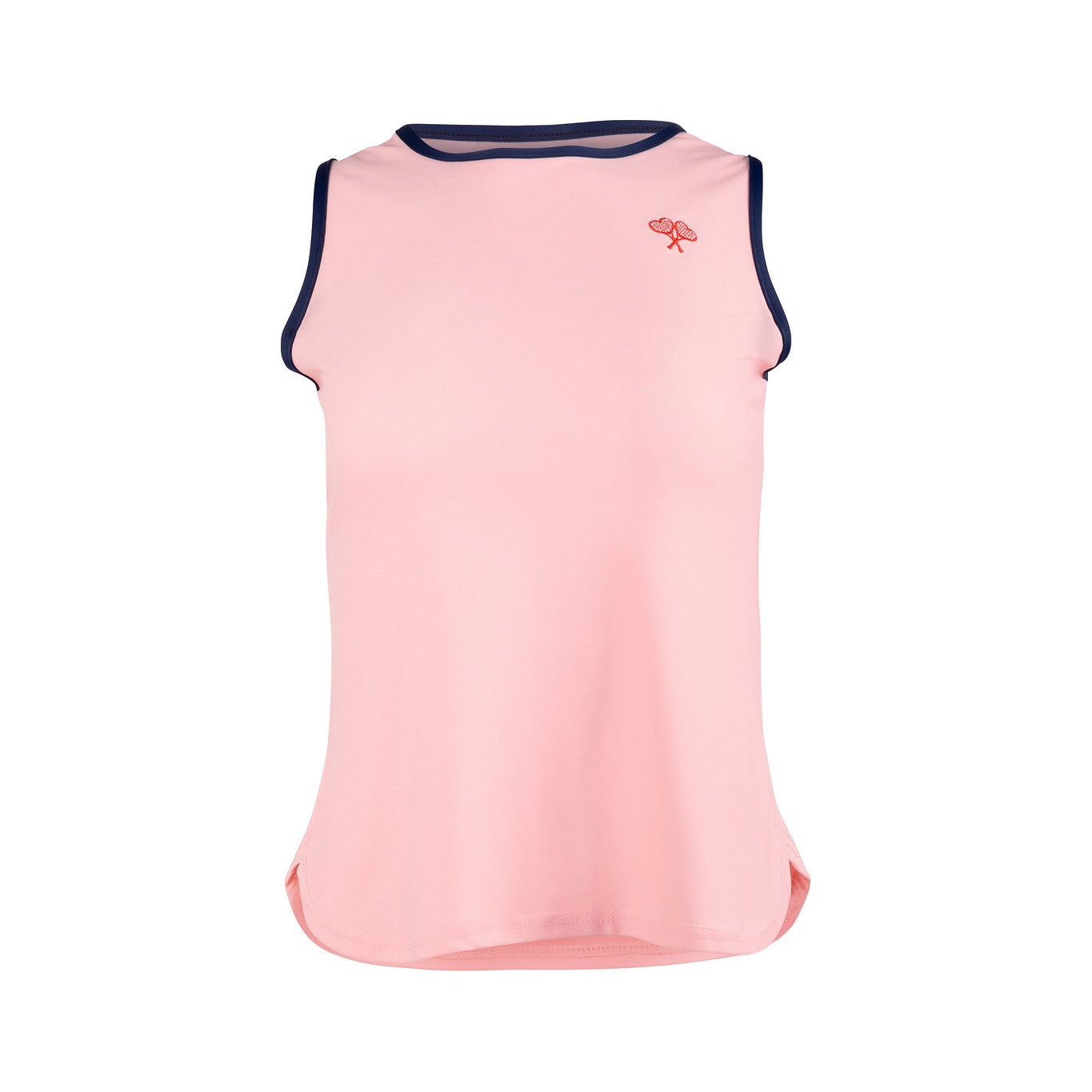 Pink sleeveless top with navy trim on a white background