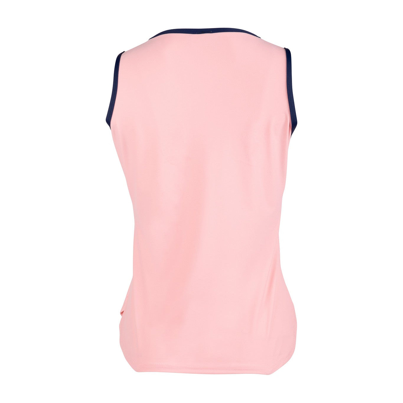 Pink sleeveless top with navy trim on a white background