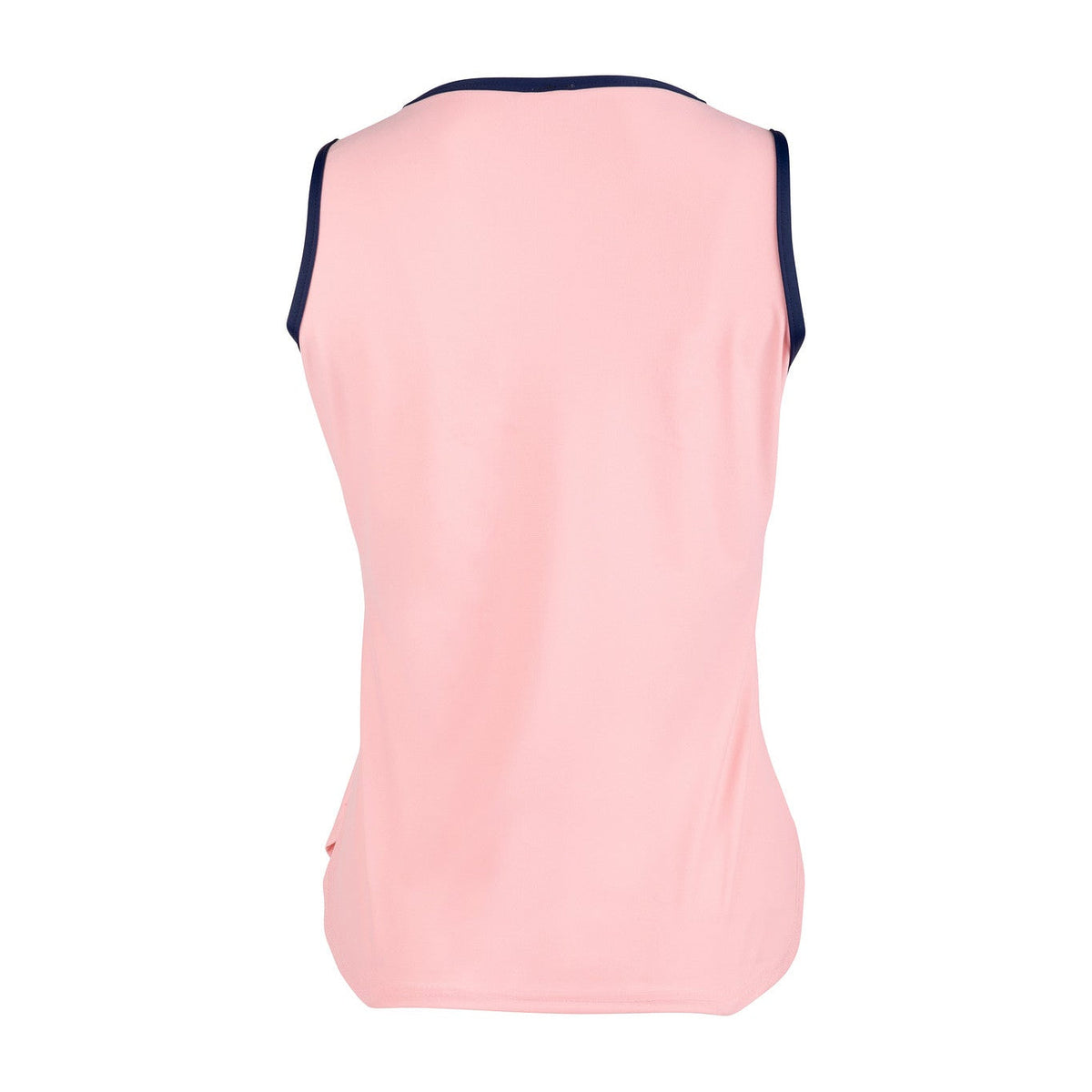Pink sleeveless top with navy trim on a white background