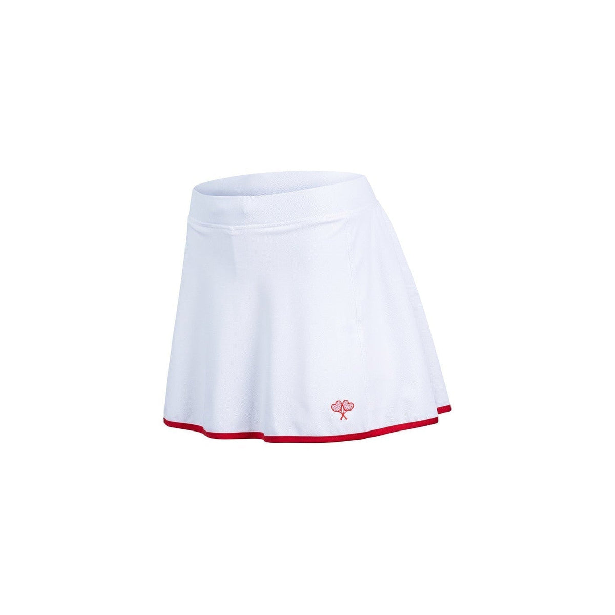 White tennis skirt with red trim on a white background