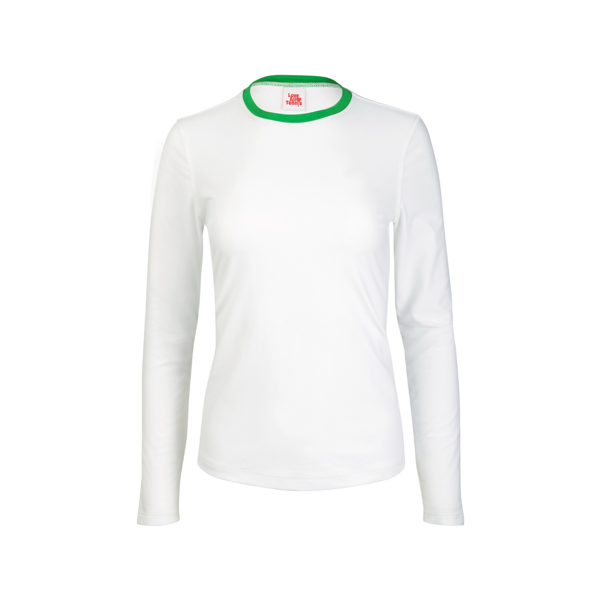 White long-sleeve shirt with green trim on a white background