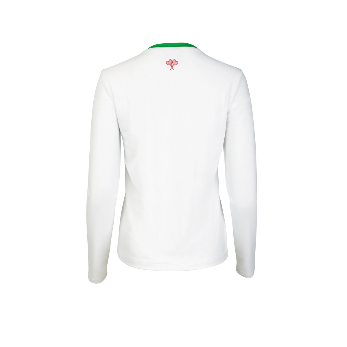 White long-sleeve shirt with a small logo on a white background