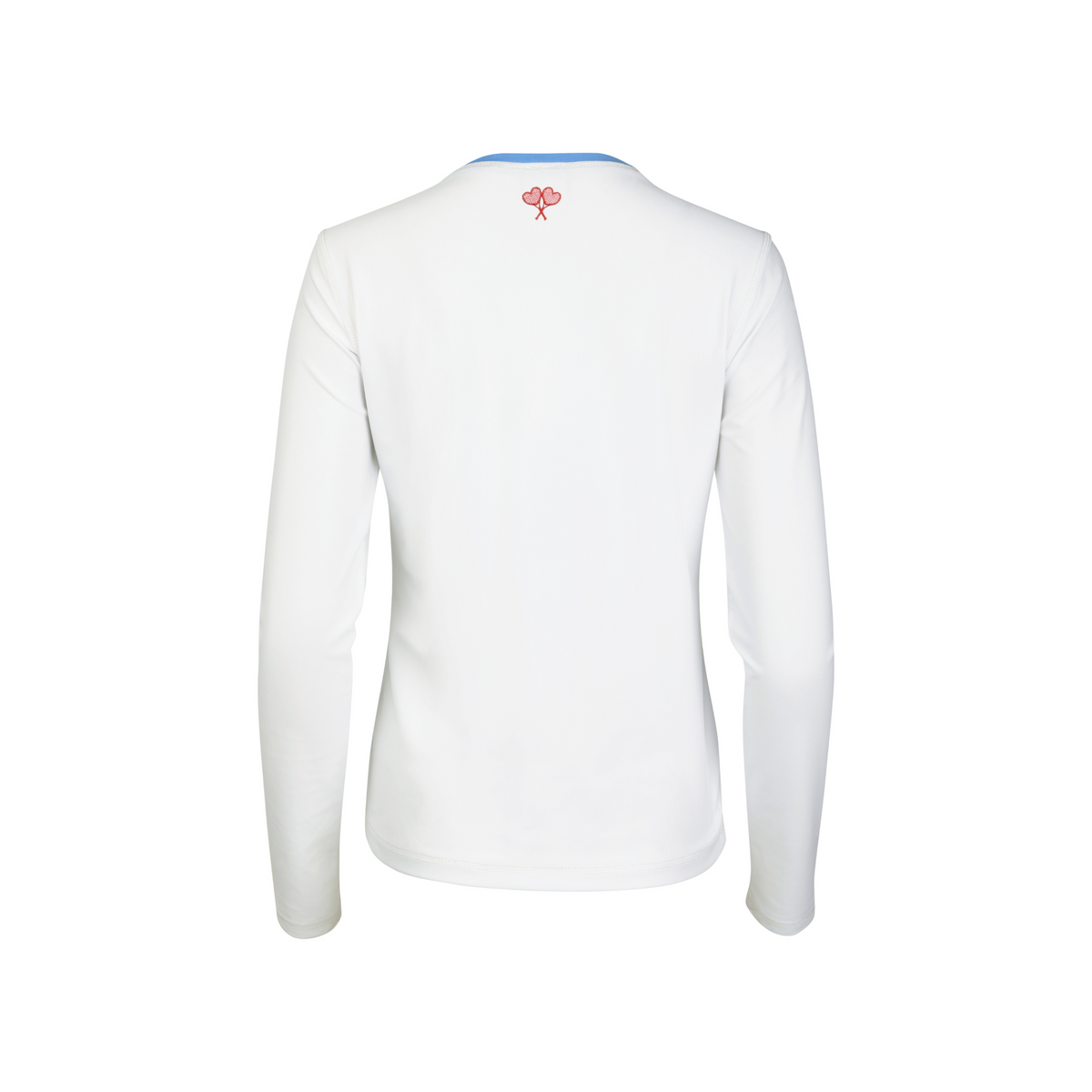 White long-sleeve shirt with a small logo on the back against a white background