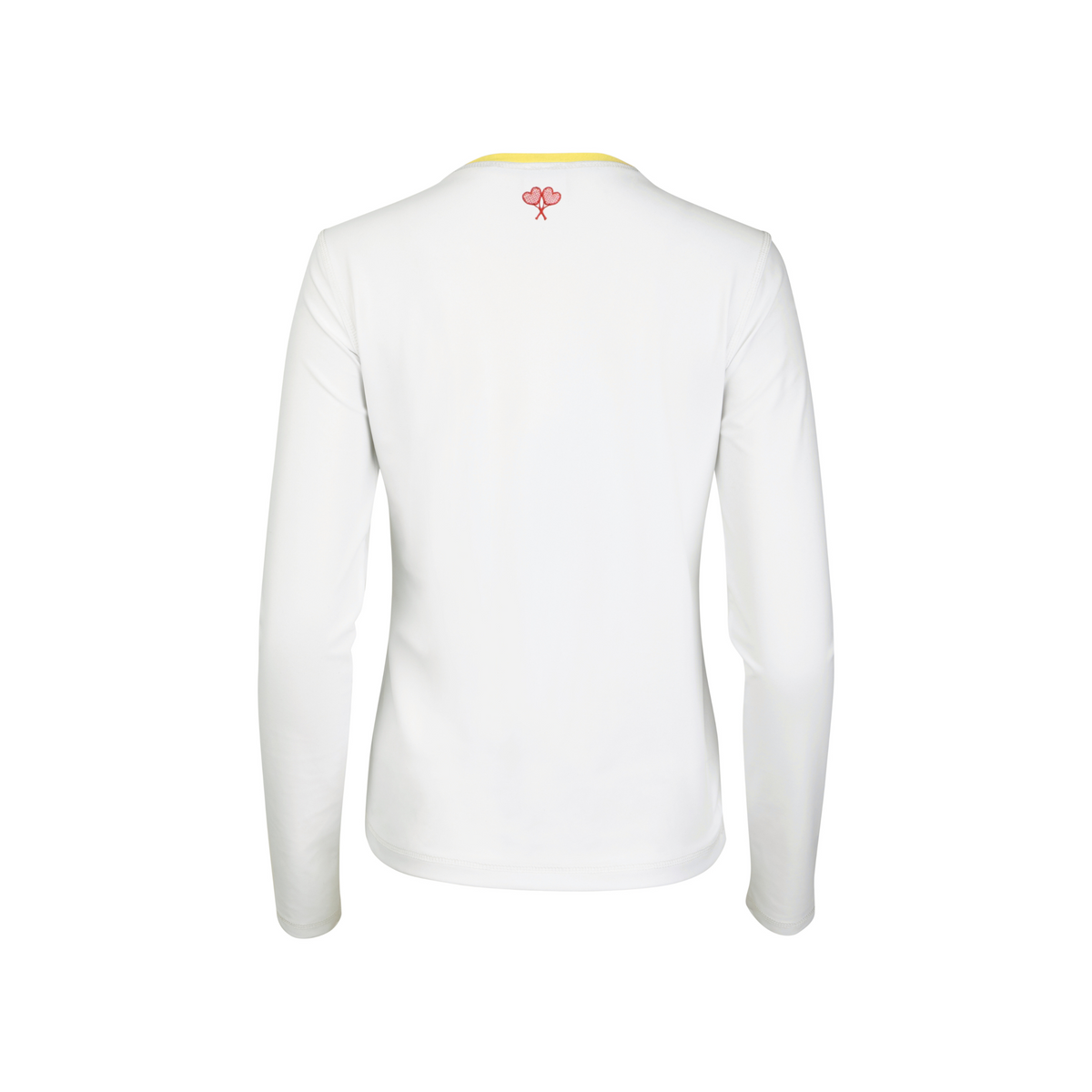White long-sleeve shirt with a small logo on the back against a white background