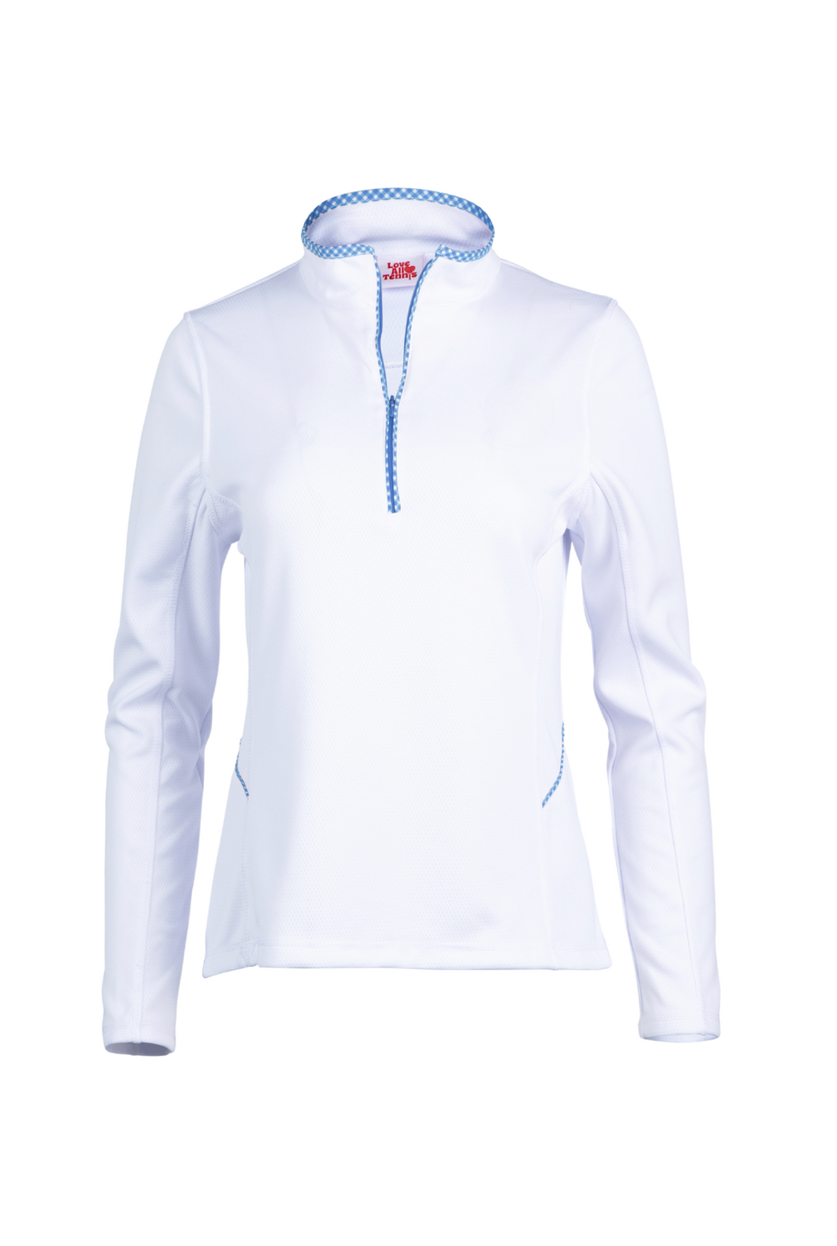 White long-sleeve shirt with blue accents on a white background