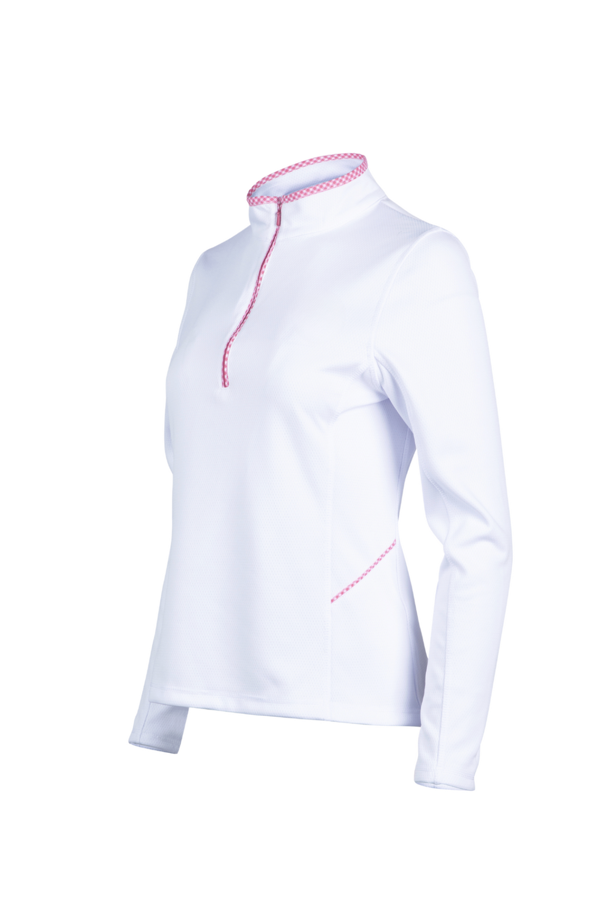 White long-sleeve shirt with pink accents on a white background