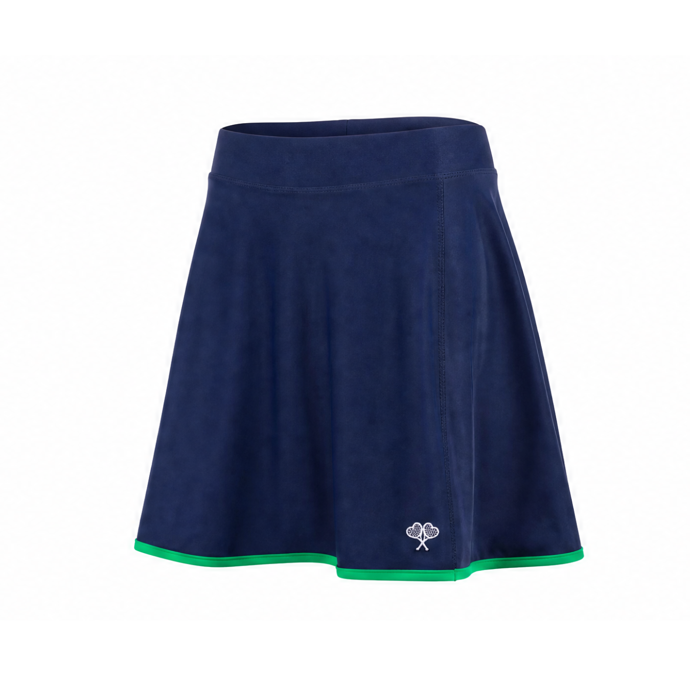 A navy blue athletic skirt with a green trim along the hem and a small white tennis racket logo on the lower left side, shown against a plain white background.