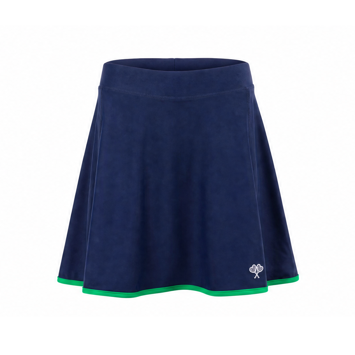 A navy blue athletic skirt with a green trim along the hem and a small white embroidered logo on the lower right side, shown against a plain white background.