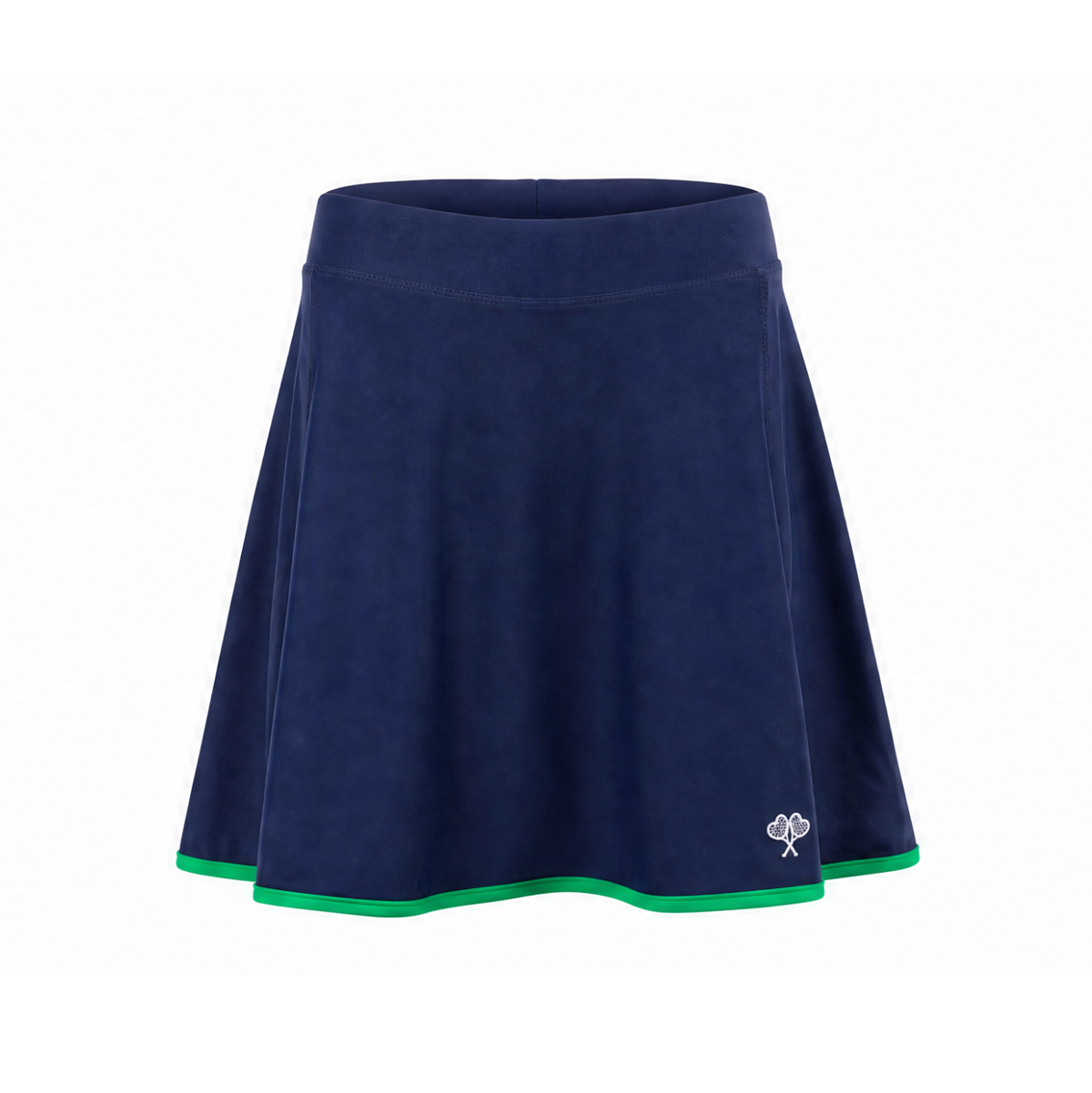 A navy blue athletic skirt with a green trim along the hem and a small white embroidered logo on the lower right side, shown against a plain white background.