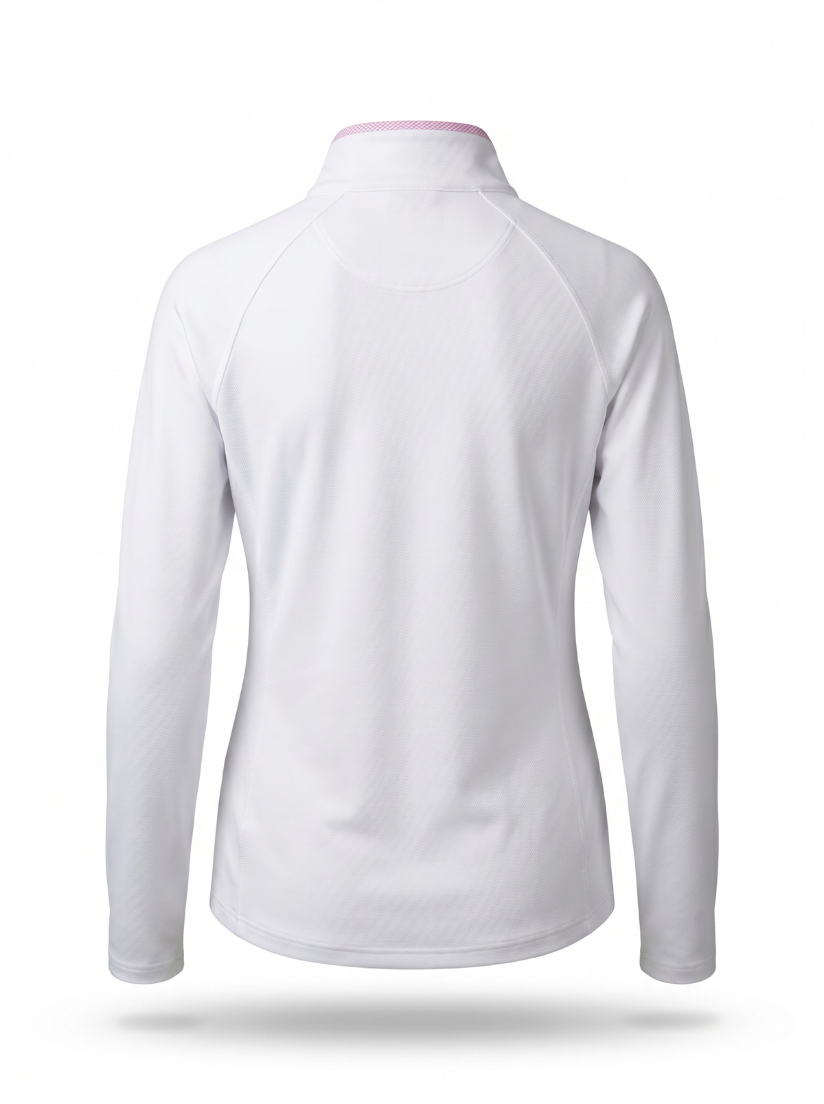 White long-sleeve athletic top shown from the back, featuring a mock neck with a thin pink trim, displayed on a clean white background.