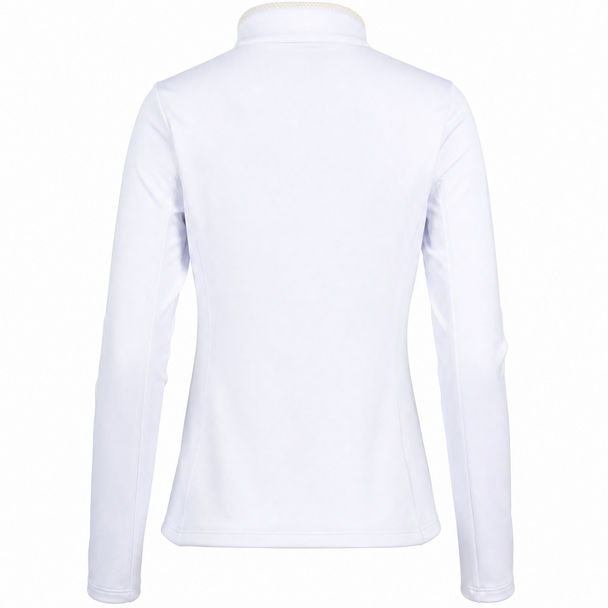 A white long-sleeve athletic top shown from the back, featuring a mock neck collar, displayed on a clean white background.