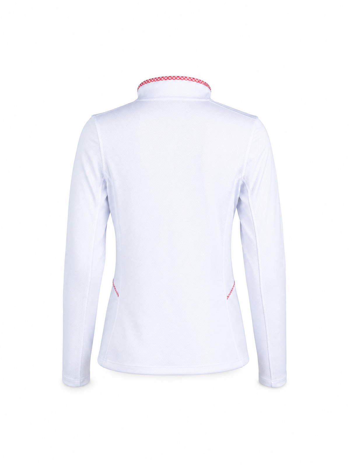 White long-sleeve athletic top shown from the back, featuring a high collar with a red patterned trim and small red accent lines near the lower back.