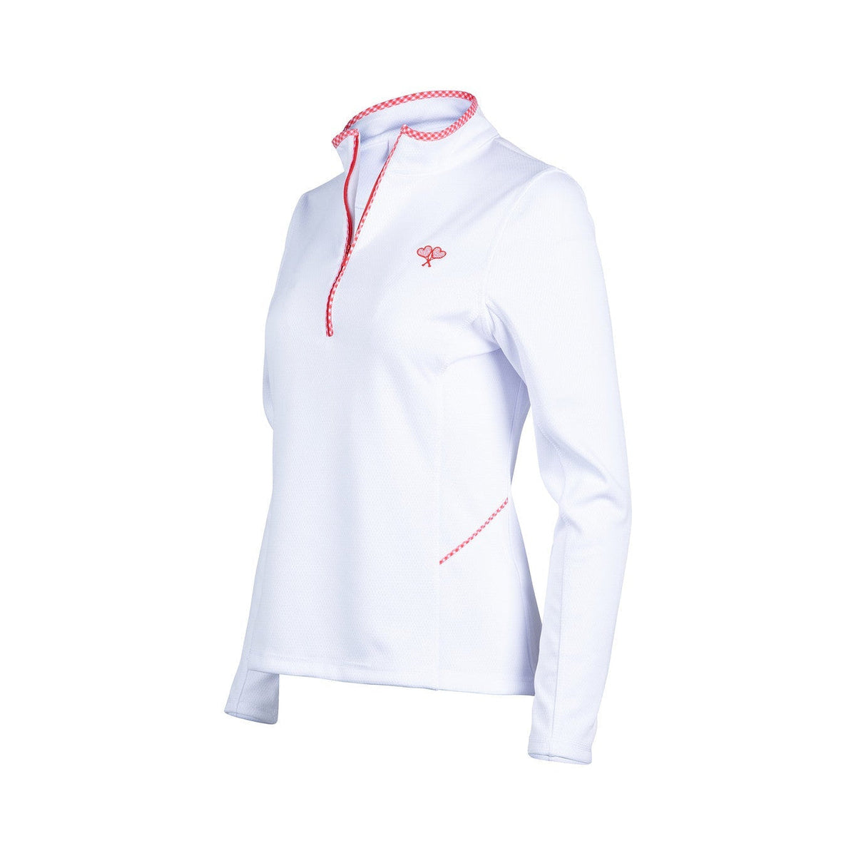 White long-sleeve athletic top with red accents on a white background