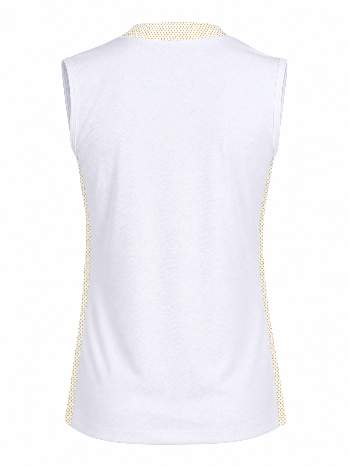 White sleeveless athletic tank top shown from the back, featuring a subtle textured pattern along the inner collar and side seams.