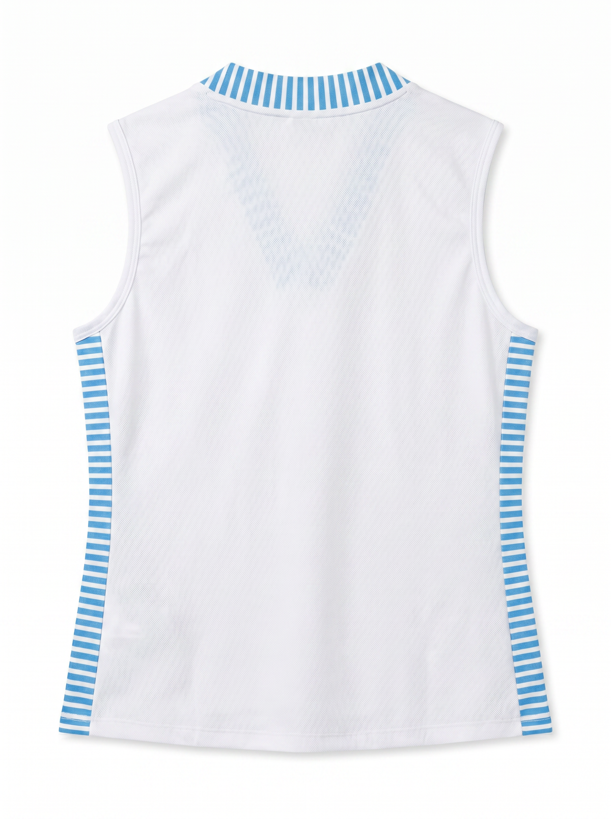 White sleeveless athletic tank top shown from the back, featuring light blue and white striped trim at the V-neck collar and along the side seams.