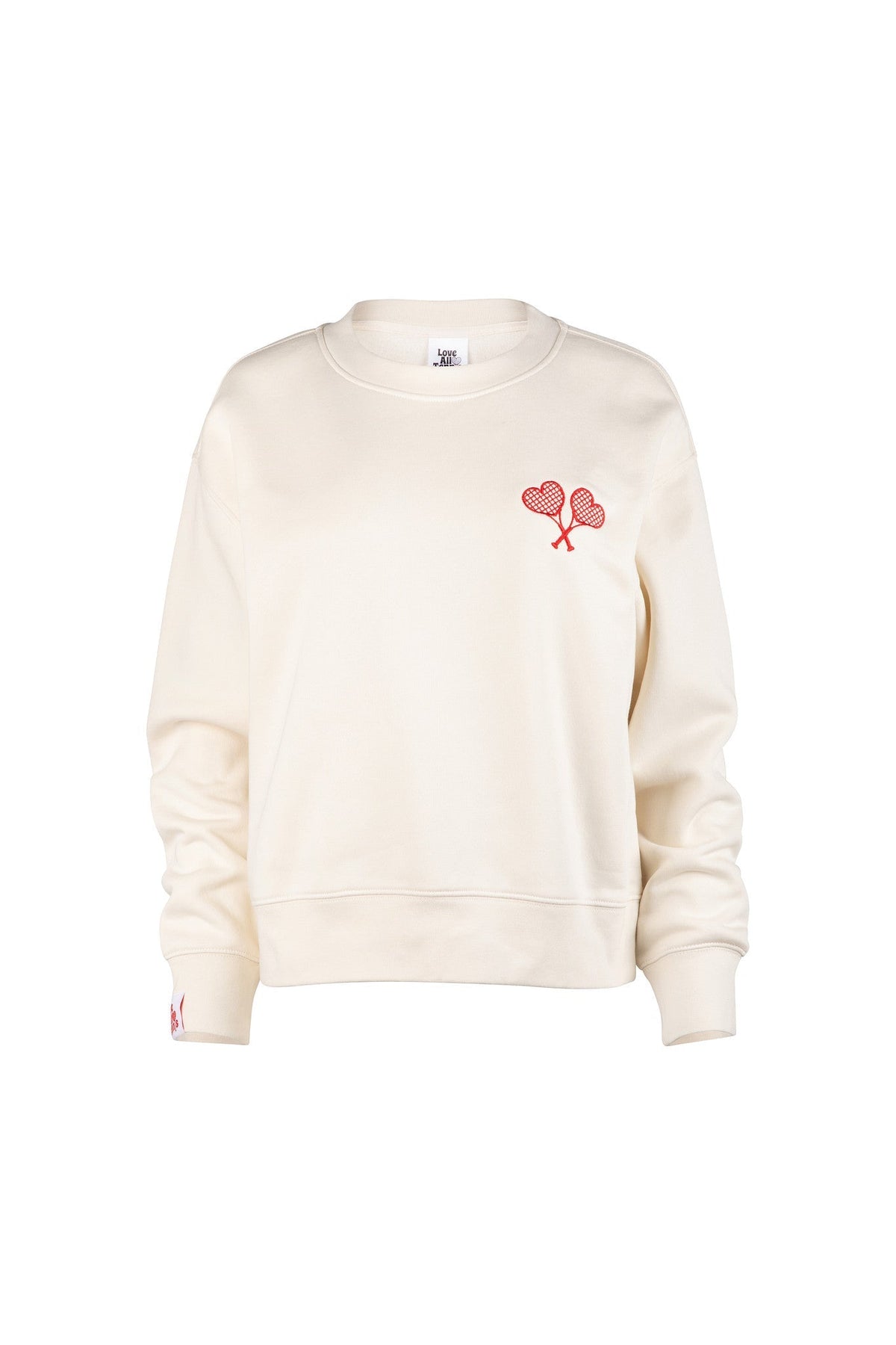 Cream-colored sweatshirt with a red heart design on a white background