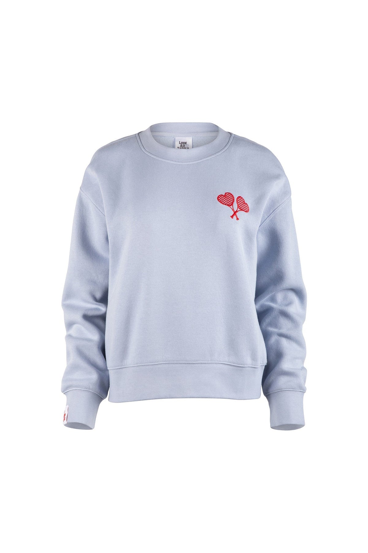 Light blue sweatshirt with red heart design on a white background