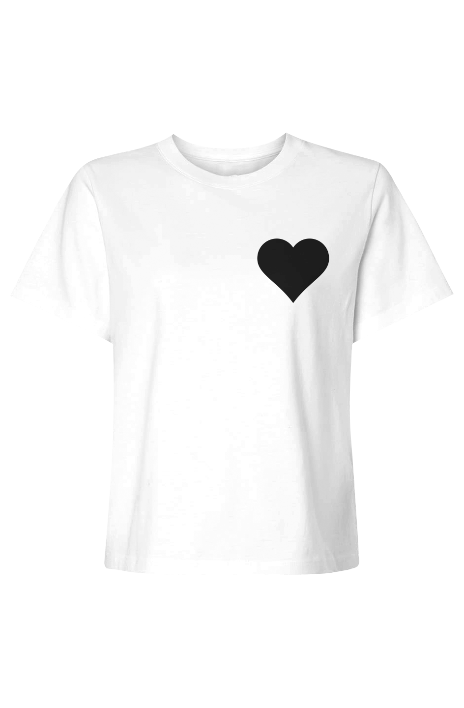 White t-shirt with a black heart design on a white background