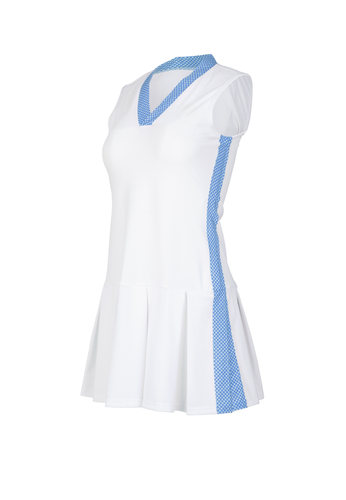 White sleeveless dress with blue accents on a white background