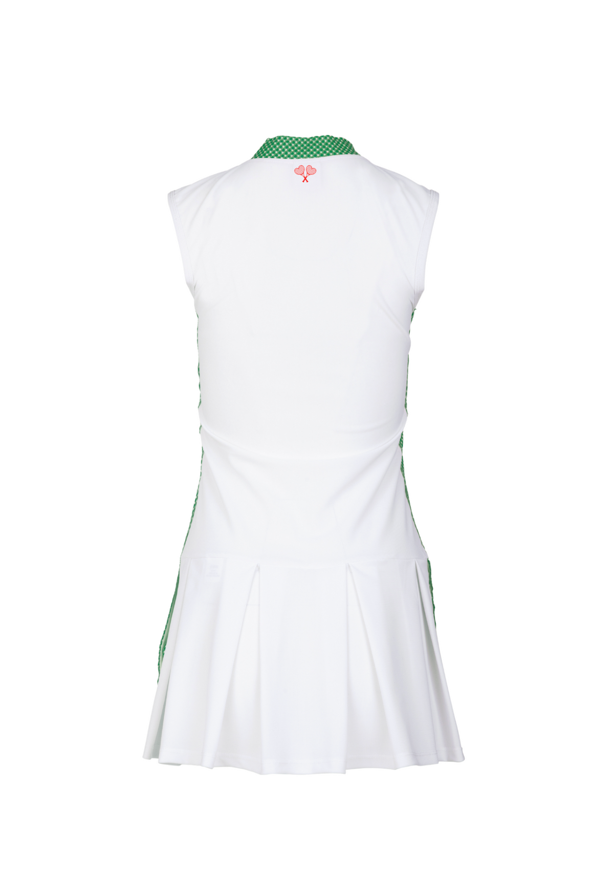 White sleeveless dress with green accents on a white background