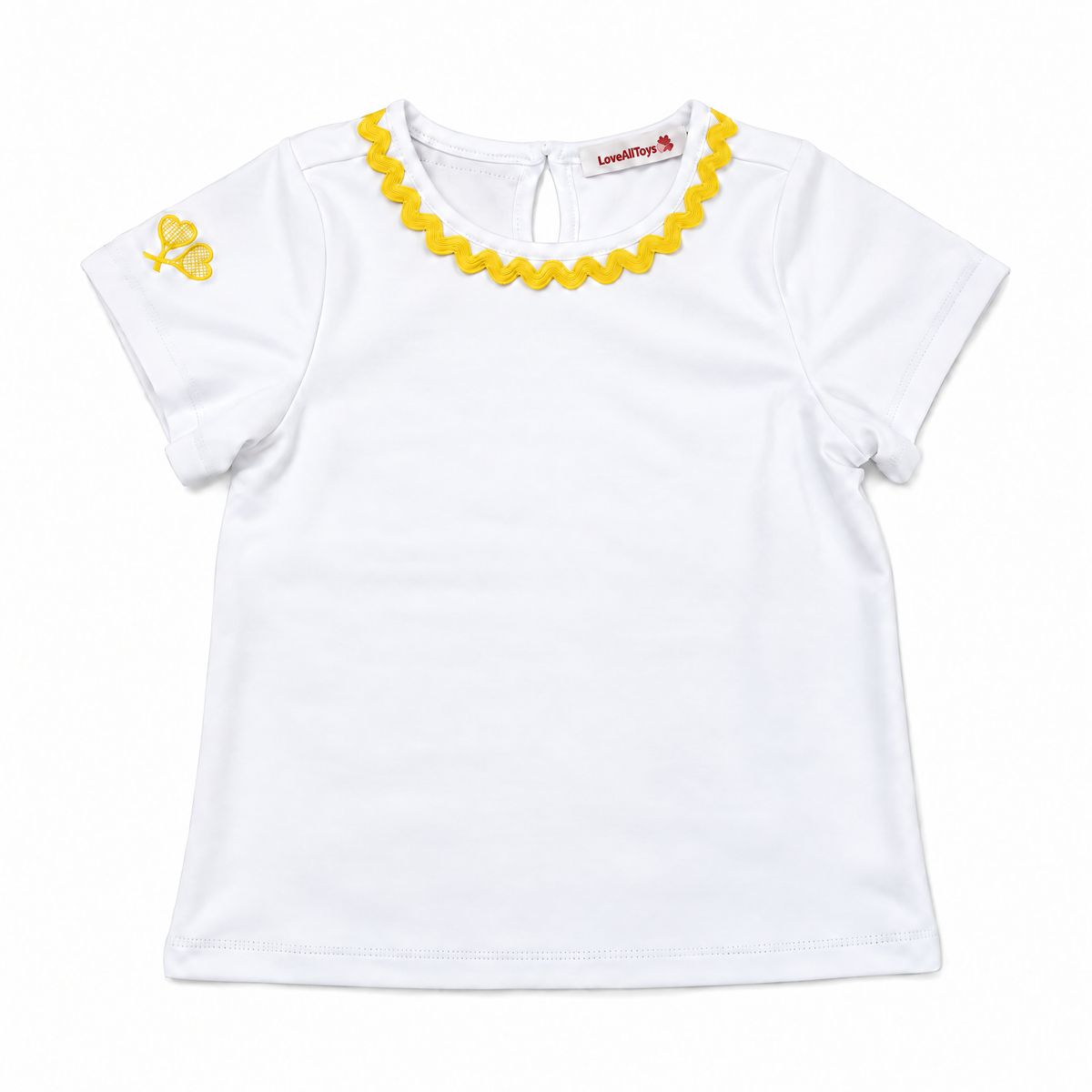 A white short-sleeve baby tee with a yellow scalloped collar and a yellow embroidered butterfly on the left sleeve, shown flat on a white background.