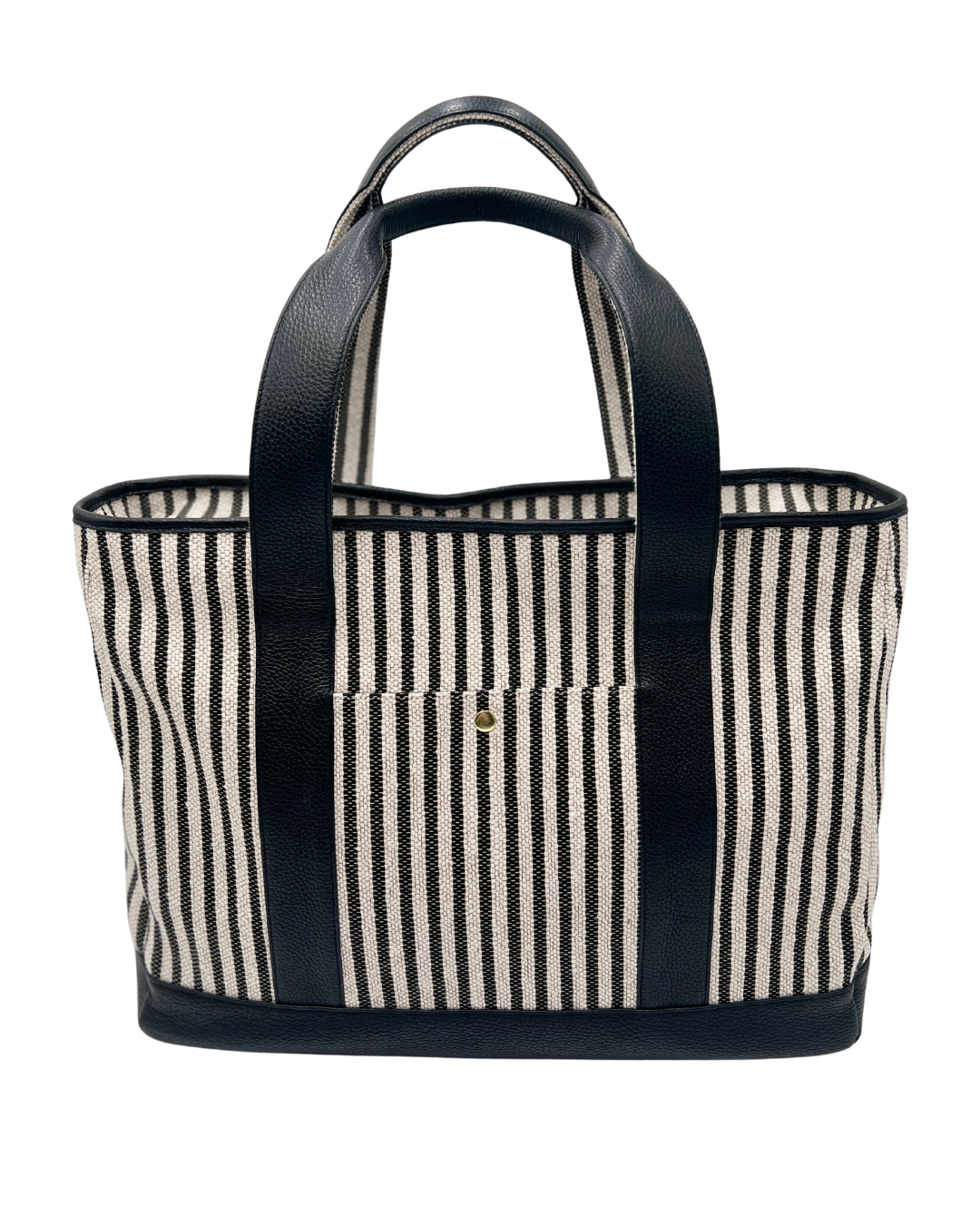 A striped tote bag with black leather handles and trim, featuring vertical black and cream stripes on a woven canvas body, shown against a plain white background.