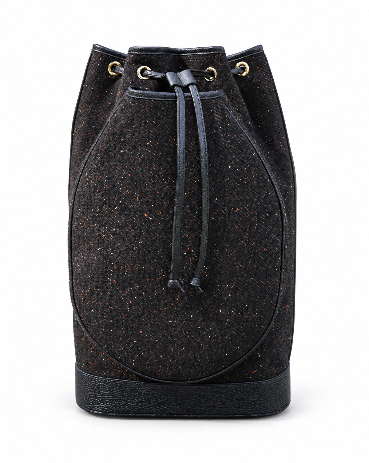 A black speckled tweed bucket bag with a dark drawstring and gold-tone eyelets, shown against a plain white background.