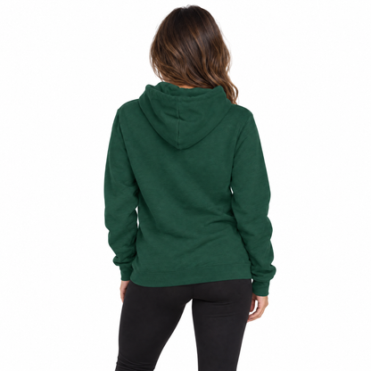 A woman viewed from the back wearing a dark green pullover hoodie and black leggings against a plain white studio background.