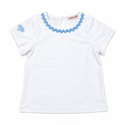 A white short-sleeve baby top with a light blue scalloped collar and a small blue butterfly motif on the left sleeve, shown flat on a white background.