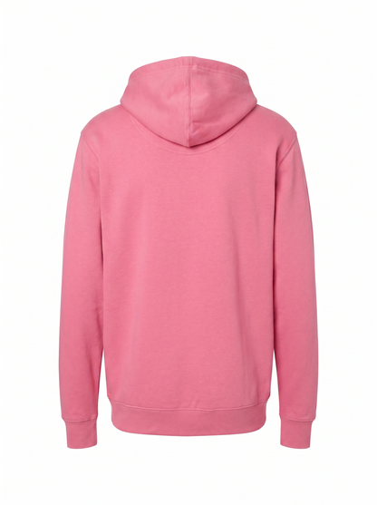 A pink pullover hoodie shown from the back, featuring a classic hood, long sleeves, and ribbed cuffs and hem, displayed on a clean white background.