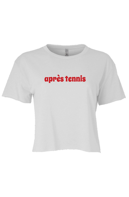 White t-shirt with 'apres tennis' text in red on a white background