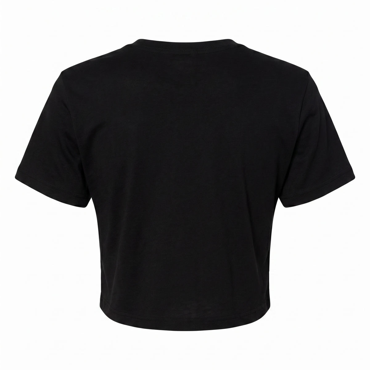 A black short-sleeve crop top t-shirt shown from the back, photographed against a solid white background.
