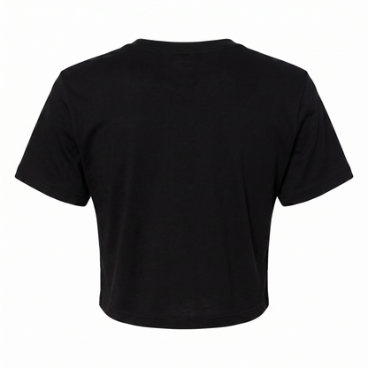 A black short-sleeve crop top t-shirt shown from the back, photographed against a solid white background.
