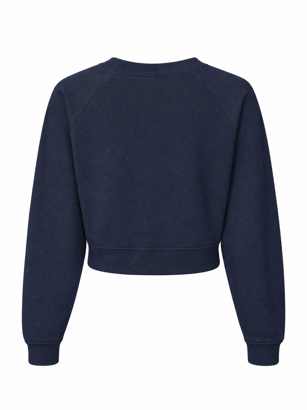 A navy blue cropped crewneck sweatshirt with raglan sleeves, shown from the back on a plain white background.